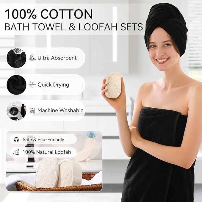 Resin Black Bathroom Sets, Black Bathroom Accessories Set with Shower Curtain, Bath Towel Set, Natural Loofah Sponge, Soap Dispenser, Toothbrush Holder, Bathroom Tumbler and Tray for Countertop - Image 5