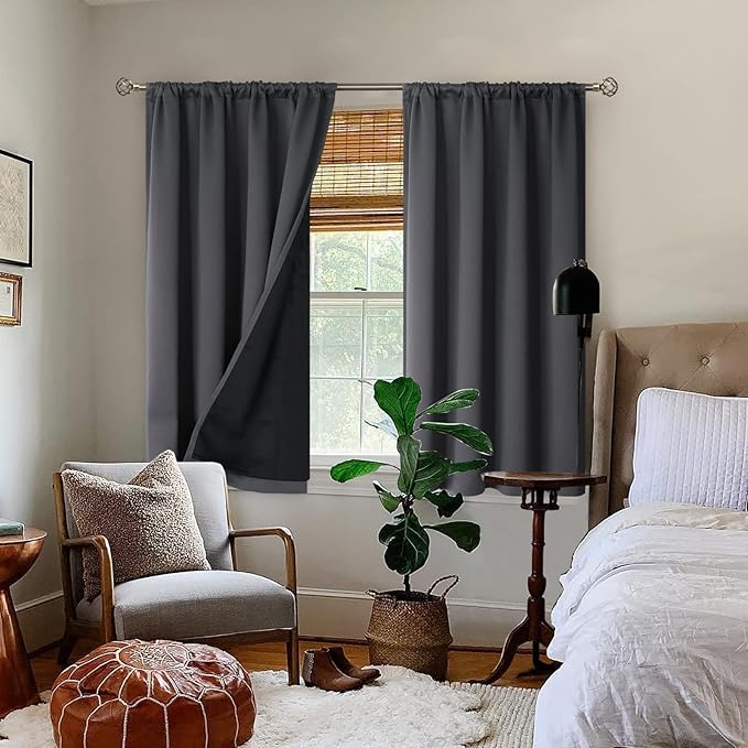 BGment Thermal Insulated 100% Blackout Curtains for Bedroom with Black Liner, Double Layer Full Room Darkening Noise Reducing Rod Pocket Curtain (52W x 45L, Dark Grey) - Image 2