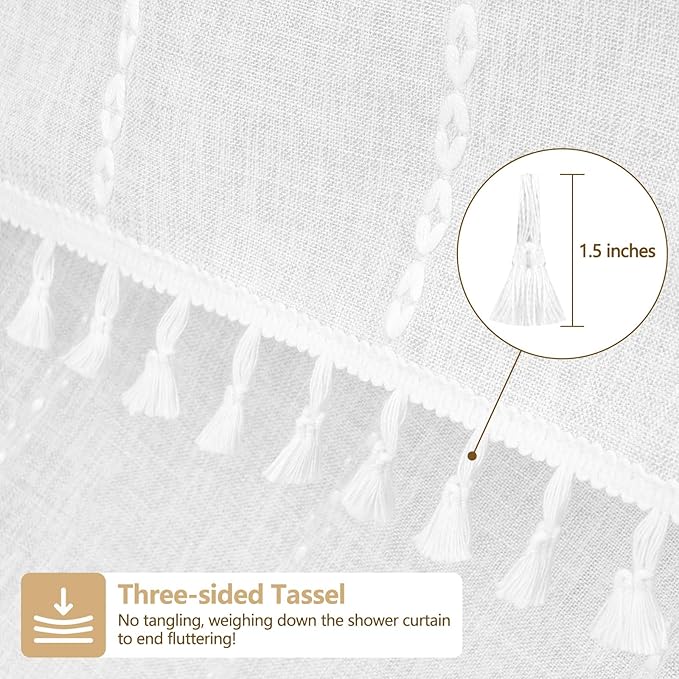 72 x 84 inch Extra Long Boho Farmhouse Shower Curtain with Tassels, White Linen Textured Soft Fabric Shower Curtain Heavyweight, Elegant French Country Striped Bathroom Curtain Water Repellent - Image 4