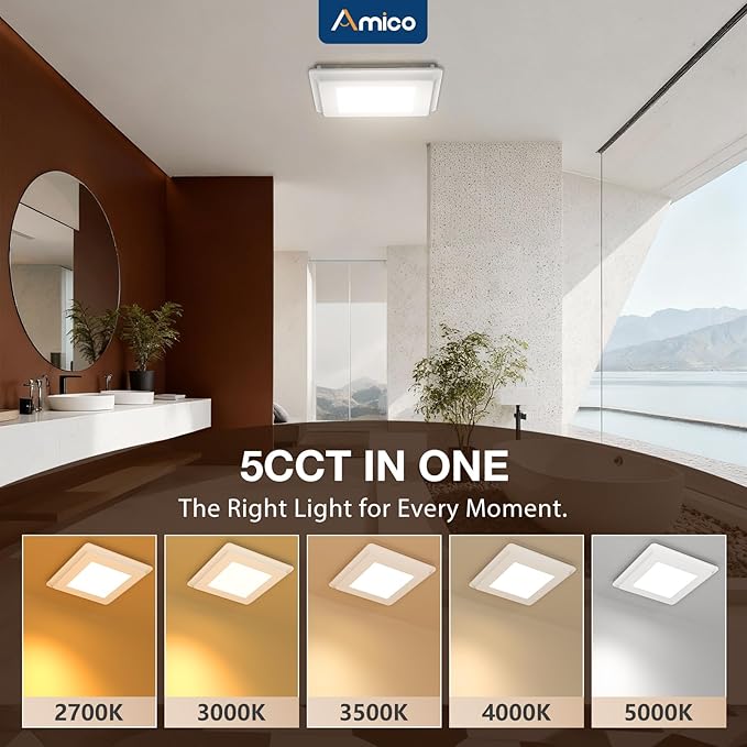 Amico Bathroom Exhaust Fan with Light, 80 CFM, 0.9 Sones, 1000LM, 5CCT, Easy Install, Ceiling Mount Shower Bathroom Fan, Adjustable Exhaust Vent with light, ETL & FCC Certified - Image 3