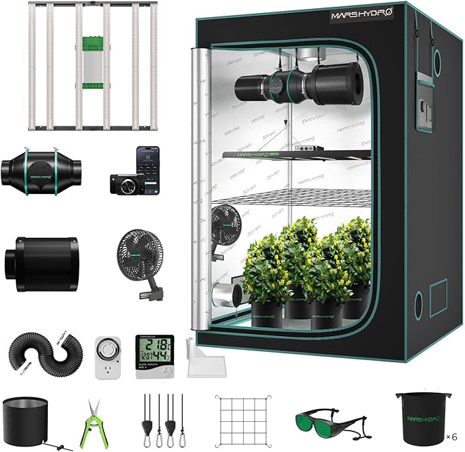 MARS HYDRO 4x4 Smart Grow Tent Kit Complete System,480W FC-E4800 APP WiFi Control Light 2646pcs LED,1680D High Reflective Mylar,with 6inch 32dB,402CFM Smart WiFi Control Ventilation System by MARSHYDRO