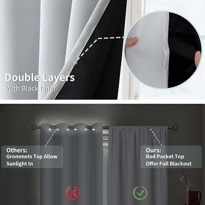 BGment Thermal Insulated 100% Blackout Curtains for Bedroom with Black Liner, Double Layer Full Room Darkening Noise Reducing Rod Pocket Curtain (52 x 54 Inch, Greyish White, 2 Panels) - Image 6