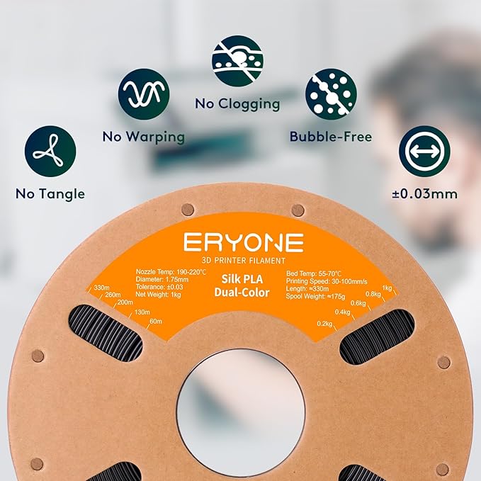 ERYONE Silk Dual Color PLA Filament 3D Printer 1.75mm +/- 0.03mm, Bicolor Filament Two Tone PLA Bundle 2KG Cardboard Spool, Blue Black - Image 4