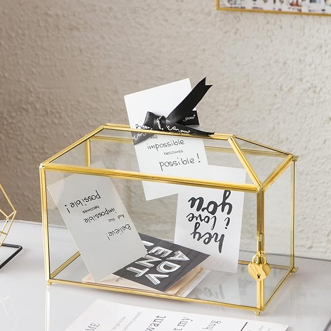 Glass Wedding Card Box with Slot, 12.6 inch Large Clear Card Box Gold Brass Gift Card Storage Box with Lock for Wedding Receptions, Baby Shower, Birthday Party, Bridal Shower by Giadun