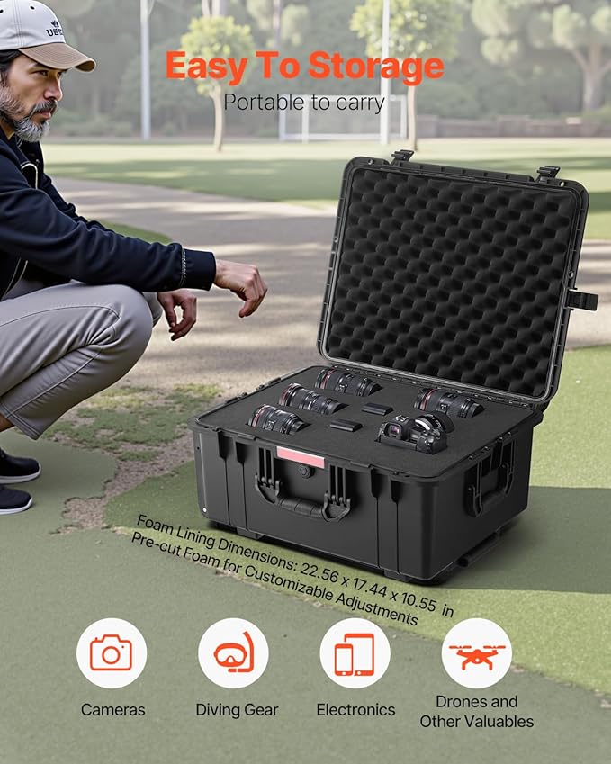 VEVOR Weatherproof Hard Case, Heavy Duty Protective Dry Box Case with Pre-Cut Foam, Wheel Retractable Pull Handles for Travel, Hunt, Military, Tactical, IP67 Waterproof Case for Camera(24.8*19.7*12.5) - Image 3