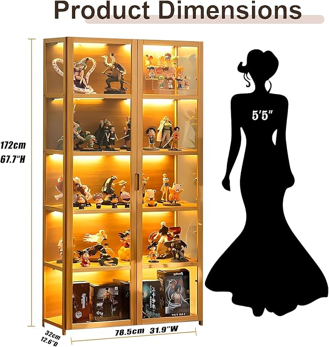 Display Cabinet with Acrylic Glass Doors, Tall Storage Cabinet with Adjustable Shelves, 5 Tier Curio Cabinet&Bookcase for Collectibles, Toys, Books, for Kids Playroom, Bedroom, Study Room - Image 2