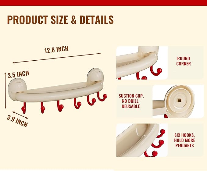 New Suction Cup Display Shelf and Hooks for Collectibles, Drill-Free, Heavy-Duty 6 Hooks – for Bathroom, Kitchen, Entryway, Bedroom Door Back, Key Storage and Blind Box Display (1pc, Brown) - Image 3
