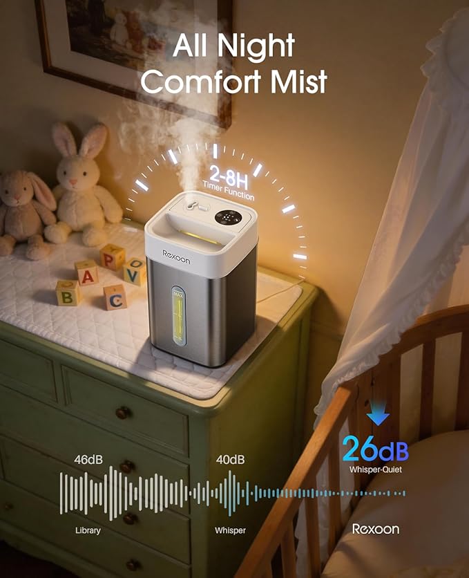4.6L/1.2Gal Stainless Steel Humidifier for Bedroom, Top Fill Ultrasonic Cool Mist Humidifier Dishwasher Safe, Ultra-Low Noise, Sleep Mode, Humidifiers for Baby Nursery, Office & Indoor Plants - Image 4
