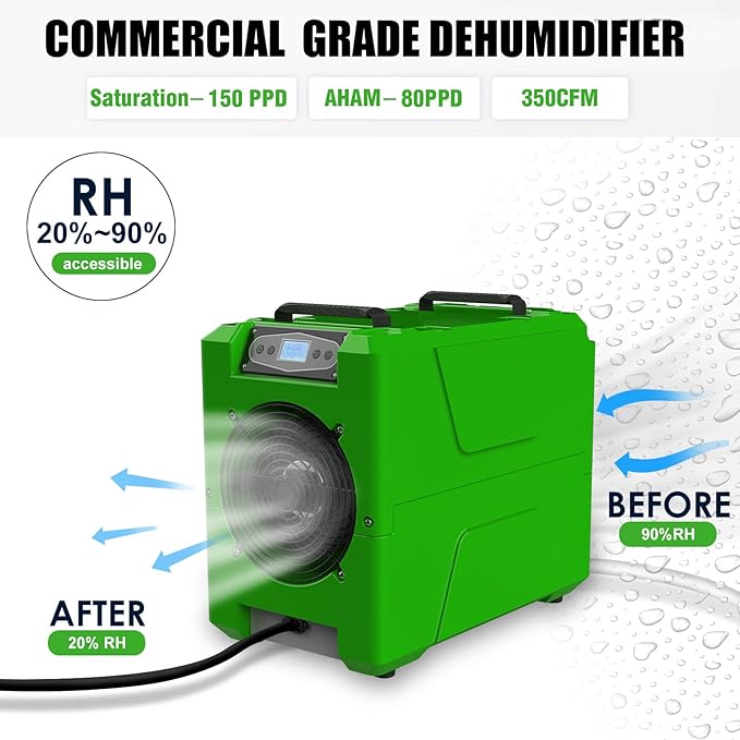 Mounto 150 Pints Compact Commercial Dehumidifier, LGR Technology, Built-in Pump, ETL Certified, Ideal for Large Spaces, Water Damage Restoration, Industrial Use (Green) - Image 2
