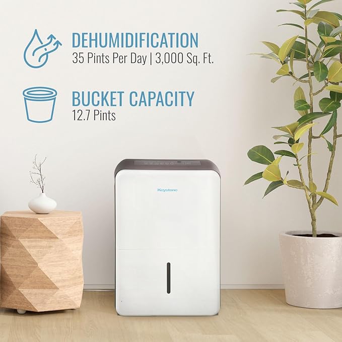 Keystone Energy Star 35-Pint Portable Dehumidifier for Extra Large Rooms Up to 3,000 Sq.Ft. with Auto-Shutoff & Timer, Quiet Home Dehumidifier and Moisture Absorber For Basement, Garage, Living Room - Image 5
