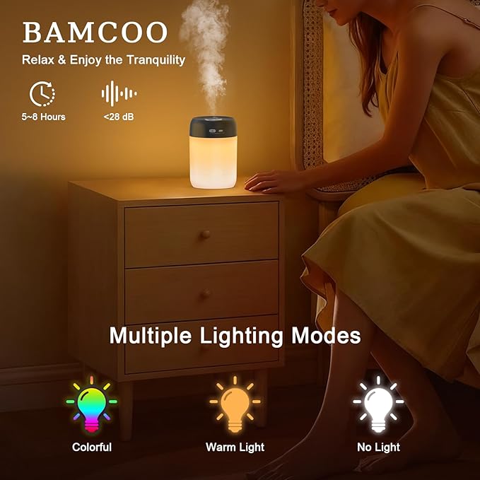 Portable Small Humidifier, 650ml Colorful Mini Humidifier for Bedroom, Office Desktop, Baby Room, Plants, Cool Mist Humidifiers(Black) - Image 2
