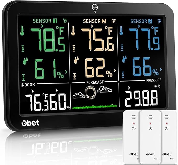 OBET Weather Station Wireless Indoor Outdoor Thermometer Wireless, Color Display Digital Temperature and Humidity Monitor with 3 Sensors, Alerts, Adjustable Backlight, USB Port (500 Feet) by OBET