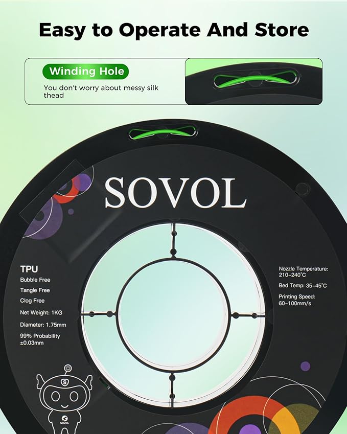 Sovol TPU Filament 1.75mm, 95A Soft TPU Flexible 3D Printer Filament with High Elasticity, 1kg (2.2lbs), Dimensional Accuracy +/- 0.03 mm, Fit Most FDM Printer, Clear Green - Image 6