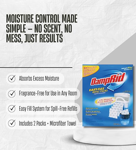 DampRid Easy Fill Moisture Absorber Refill No Scent 42 oz 2x Bundle with Microfiber Towel – Humidity Absorber for Storage, Closets & Bathrooms – Gift Set (3 Items) - Image 2