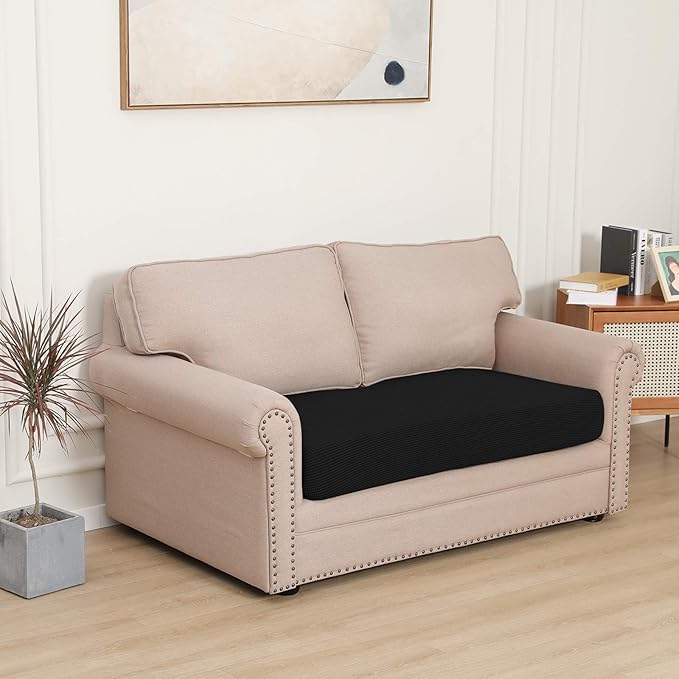 Easy-Going Stretch Loveseat Cushion Cover Sofa Cushion Furniture Protector Sofa Seat Sofa Slipcover Sofa Cover Soft Flexibility with Elastic Bottom(Loveseat Cushion, Black) - Image 2