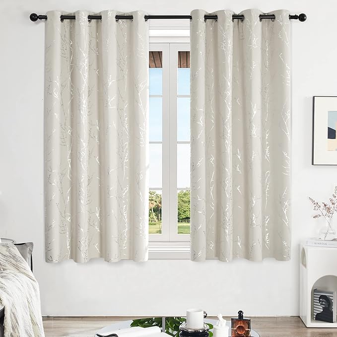Deconovo Beige Blackout Curtains, Boho Farmhouse Curtain, Thermal Insulated Soundproof Drapes, Silver Branch Print, 52 x 63 Inch Long, Machine Washable Window Panels for Living Room Bedroom, Set of 2 - Image 2