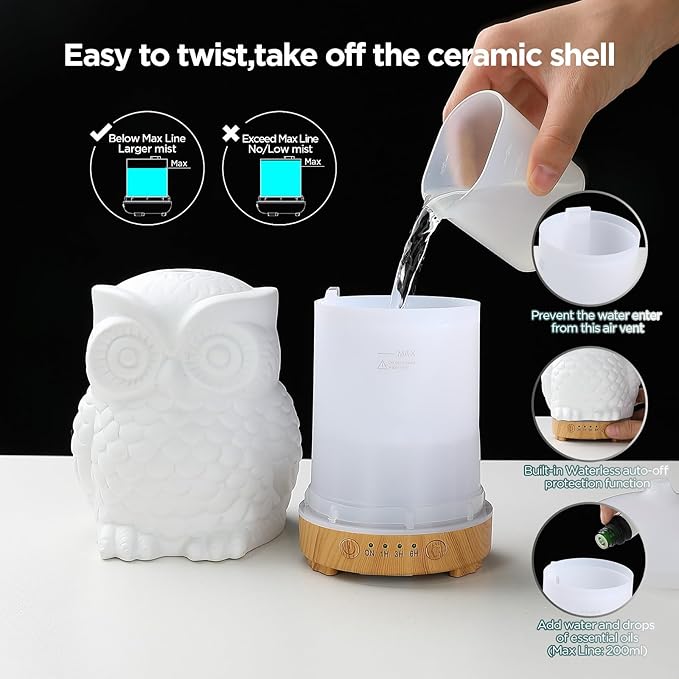 Owl Ceramic Aromatherapy Diffuser INRORANS 160ml Stone ultrasonic Cool Mist Scent Essential Oil Diffuser Humidifier with Intermittent Mist & LED 7 Colors Changing Night Light for Bedroom Office Home - Image 8