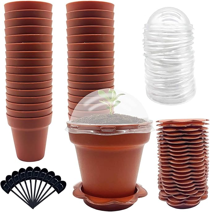 30 Pack Cupcake Plant Nursery Pots with Humidity Dome- Small Plastic Flower Pots with Saucers and Shovel for Indoor Outdoor Seedling Succulent Vegetable by PurpleStar