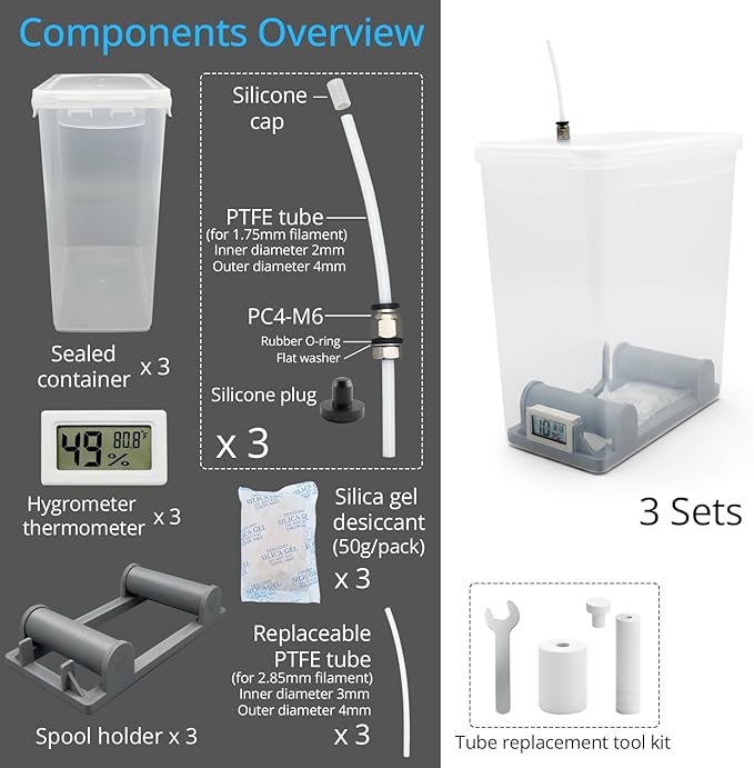 3 Sets 3D Printing Filament Storage Box, 5.8L Dryer Box Continuous Filament Sealing and Protection While Printing, Compatible with 1kg PLA PETG ABS TPU 1.75mm 2.85mm, Stackable Bins (Gray) - Image 6