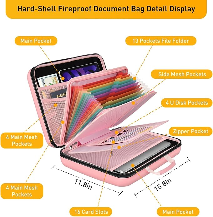 Fireproof Document Organizer Bag, 5200℉ File Organizer Safe Box, Hard Shell Document Bag with 13 Pocket Accordion File Folder - Image 6