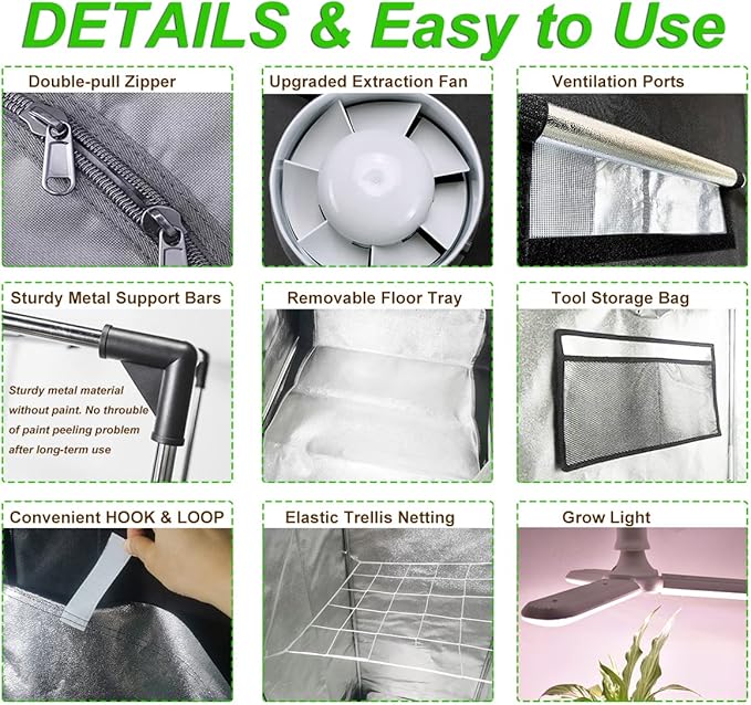 4x4 Grow Tent Kit Complete High Reflective Mylar Indoor Grow Tent 48"x48"x80"+ LED Grow Light Combo Hydroponics Indoor Plant Growing Tent System (Upgraded Grow Tent Kit) - Image 3
