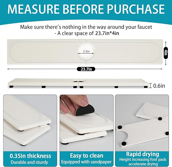 Faucet Mat for Kitchen Sink with Raised Feet, Fast Drying Diatomite Stone Sink Tray, Water Absorbent Faucet & Sink Splash Guard, Prevents Moisture Buildup, Durable Protector for Bathroom Counter - Image 2