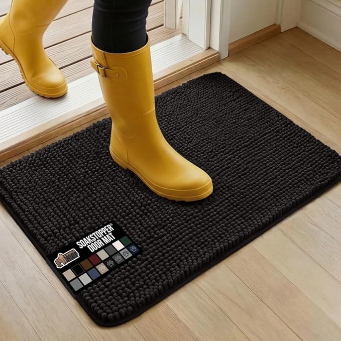 GORILLA GRIP SOAKSTOPPER Dog Door Mat, 30x20 Machine Washable Rug Absorbent Doormat Captures Moisture Mud Dirt, Quick Dry Soft Chenille Entryway Rugs Indoor Entrance Mats for Dog Paws, Black by GorillaGrip