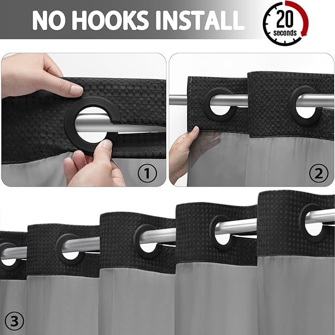 No Hook Shower Curtain and Liner Set,Black Hotel Waffle Shower Curtain with Liner 75" L x 48" W - Image 2