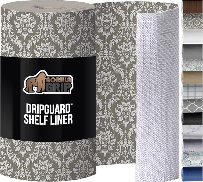 GORILLA GRIP DripGuard Shelf Liner, Non-Adhesive Drawer and Kitchen Cabinet Protector, Strong Grip Slip Resistant Underside, Smooth Surface Liners for Cabinets, Bathroom Closets, 12x240 In Beige Cream by GorillaGrip