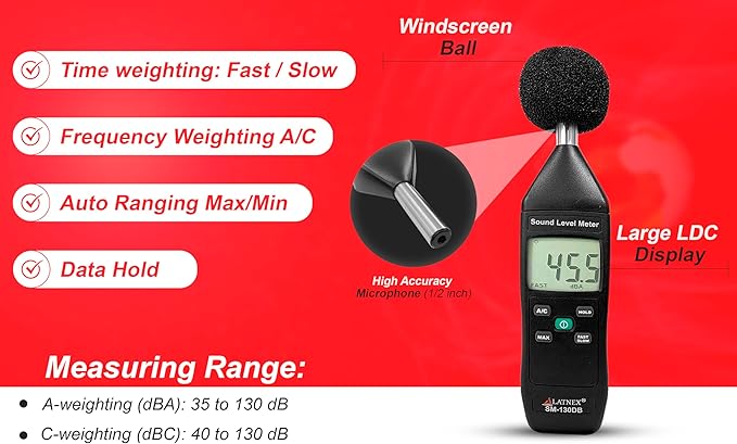 SM-130DB Digital Decibel Meter Reader and Sound Level Meter Type 2 with Calibration Certificate. Measurement Device for Environmental and Mechanical Noise Monitor - Manufacturing, Office, Classroom - Image 4