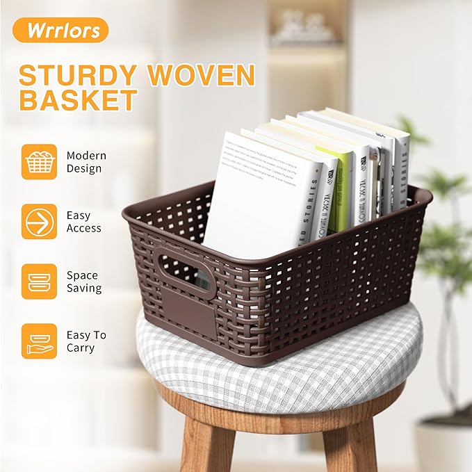 Brown Plastic Storage Baskets - Pack of 8 with Labels Stackable Durable Storage Bins, Storage Containers for Organizing Desktops, Closets, Playrooms, Classrooms, Offices - Image 6