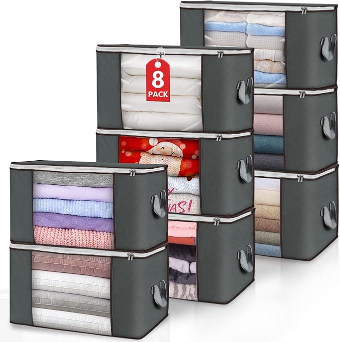 Large Storage Bags, 8 Pack Clothes Storage Bins Foldable Closet Organizers Storage Containers with Durable Handles Thick Fabric for Blanket Comforter Clothing Bedding 90 L (Gray) by BuddingJoy-BuildaJoyfulLifeforYou