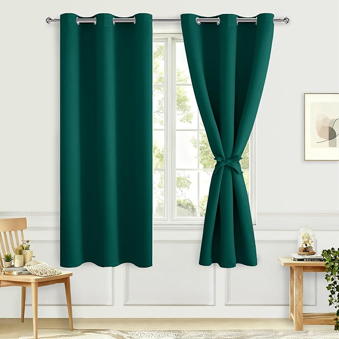 Hiasan Room Darkening Window Curtains for Bedroom, Thermal Insulated, Energy Saving Blackout Curtains, Set of 2 Panels, Sewn with Tiebacks, Grommet Top (Hunter Green, 38 x 63 Inch) by Hiasan