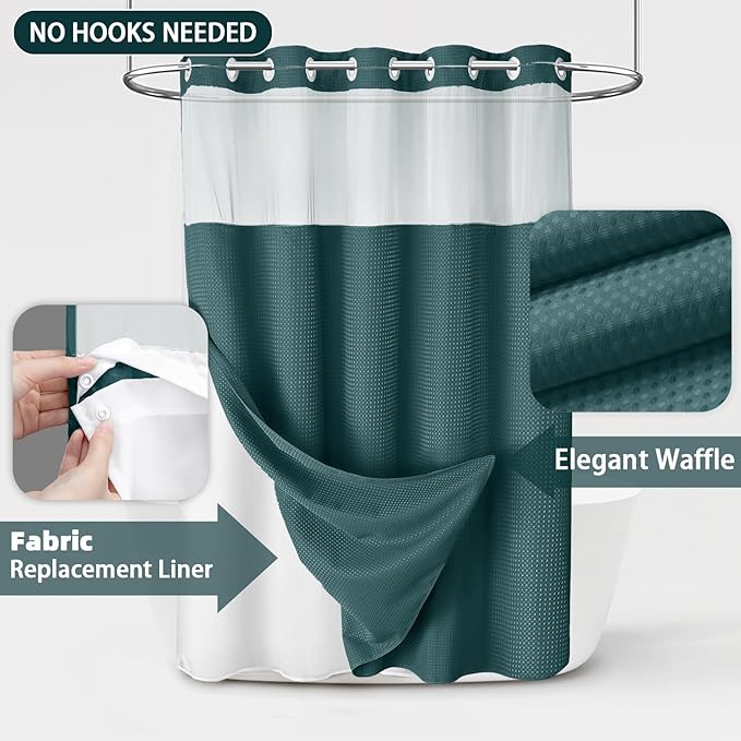 No Hook Shower Curtain and Liner Set,Seaweed Green Hotel Waffle Shower Curtain with Liner 75" L x 72" W - Image 3