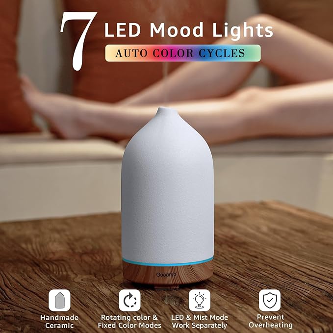 200ML Ceramic Essential Oil Diffuser (Set of 2) - Ultrasonic Aromatherapy & Humidifier with 7-Color LED Lights, Auto Shut-Off, Wood Grain Base, 1H/3H/6H Timer | Scent for Home, Office, Yoga - Image 2