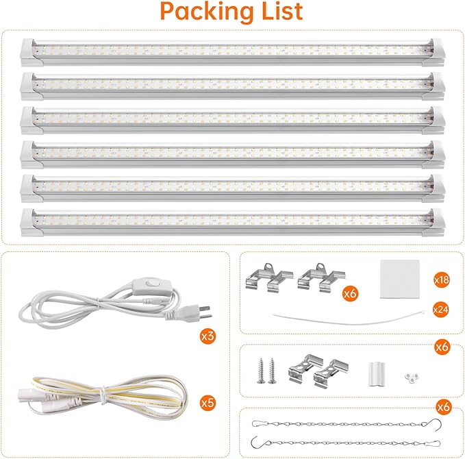 Bstrip Grow Light, 2FT 144W (6 x 24W) Plant Light, Full Spectrum with 660nm Red LEDs, 3686K T8 Grow Lights for Indoor Plants, Greenhouse, Seeding, Linkable Design with On/Off Switch, 6-Pack - Image 8