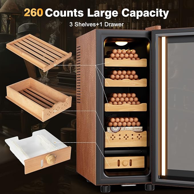 Electric Cooler Cabinet 35L with Temperature and Humidity Control, Leather Finish, Spanish Cedar Wood Shelves and Safety Lock (300 Counts Capacity), Gift for Men - Image 7