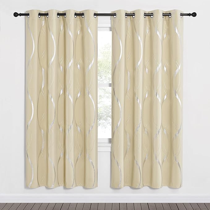NICETOWN Blackout Curtains Panels for Bedroom - Microfiber Noise Reducing Thermal Insulated Wave Line Foil Print Design Drapes for Patio Sliding Glass Door (Biscotti Beige, 2 Panels, 52 x 72 Inch) - Image 3