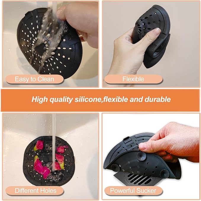 Hair Drain Catcher,Square Drain Cover for Shower Strong Adhesion Silicone Hair Stopper with Suction Cup,Easy to Install Suit for Bathroom,Bathtub,Kitchen 2 Pack (Black Brown) - Image 4