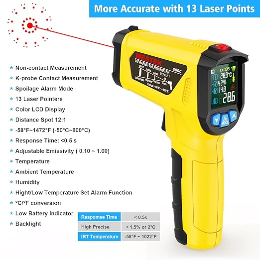 MESTEK Infrared Thermometer Gun -58°F to 1472°F, Digital Temperature Gun/K-Type Probe -14°F~932°F, Humidity Sensor, IR Laser Temp Gun with Color LCD for Cooking Pizza Oven BBQ HVAC Home-Industrial - Image 3