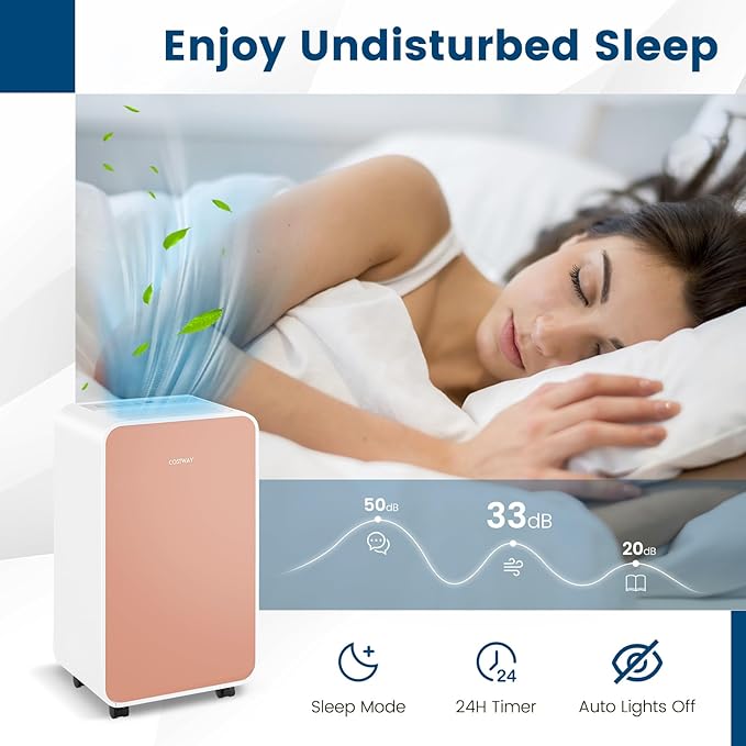 COSTWAY 2500 Sq. Ft Dehumidifier for Basement, 32 Pints Portable Quiet Dehumidifier for Bedroom Bathroom with Sleep Mode, 24H Timer, Auto Shut Off, Auto Defrost & Drain Hose (Pink) - Image 8