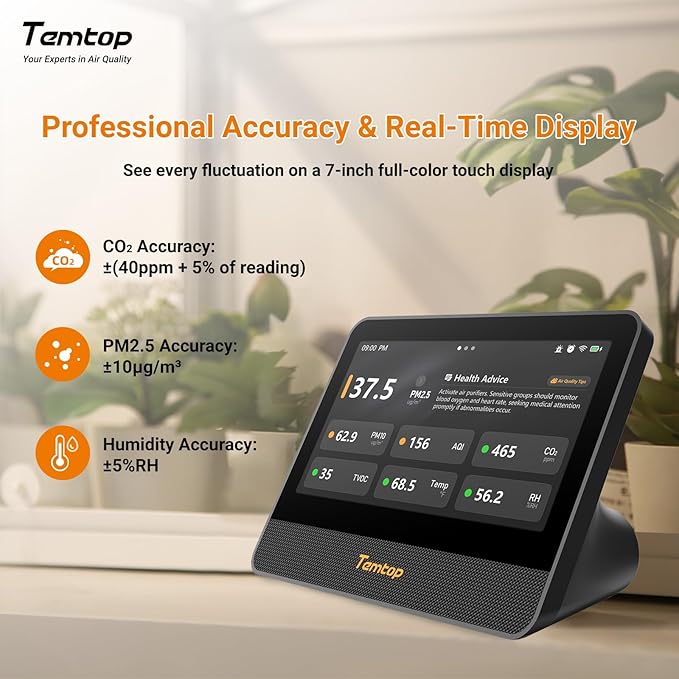 Temtop M100 2nd Gen Air Quality Monitor for Indoor Air, 7-Inch Touch Screen, Real-Time Tester for PM2.5, CO2, TVOC, Temp & Humidity, WiFi App & Multi-Room Monitoring with Smart Insights - Image 7