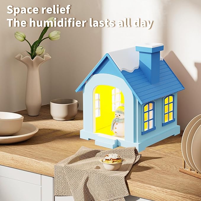 Christmas Village Houses Humidifier 500ml, Cute Snow House Cool Mist Humidifier with Snowman Figurines & Night Light for Bedroom & Office Décor (Blue) - Image 2