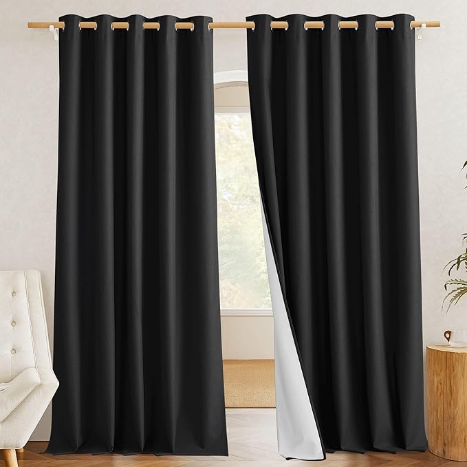 NICETOWN Black Out Linen Curtains, Complete Blackout Shades for Large Window Door, 100% Blackout Window Curtain Panels with White Lined, 62 inches Width Each Panel, 102 inches Length, 2 Pieces by NICETOWN
