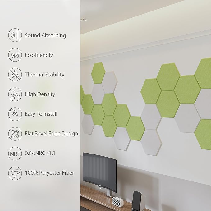 12 Pack Acoustic Panels Self Adhesive Sound Proof Foam, High Density Sound Acoustic Foam Panel, 12 X 10.23 X 0.4 Inch Hexagon Wall Panels in Home,Office,Reccording Room,Studio (Fruit Green) - Image 5