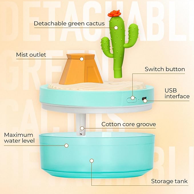 Cactus Mini Humidifier, Cute Desktop Humidifiers for Bedroom, 320ml Portable Small Cool Mist Humidification, USB Powered, Auto Shut-Off, Perfect for Home, Office & Indoor Plants - Image 3