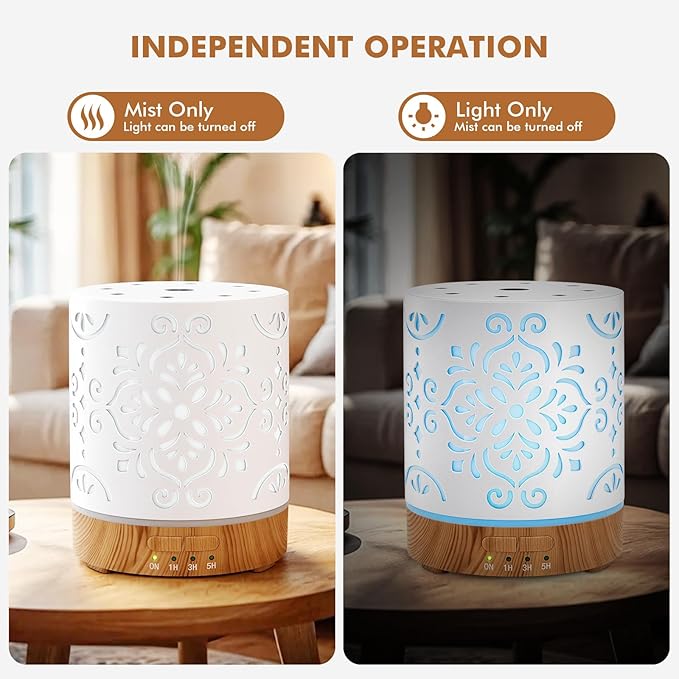 Essential Oil Diffuser for Home - 300ML Metal Aromatherapy Diffuser with Auto Shut-Off Protection & 4 Timers, Ultrasonic Humidifier with 7 Colors Lights for Large Room, Home Office Décor(White Flower) - Image 3