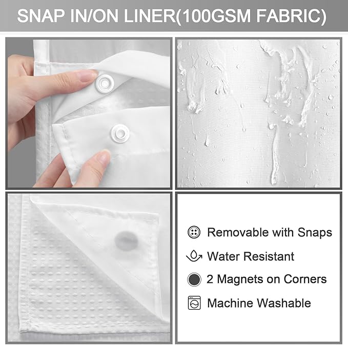 No Hook Shower Curtain and Liner Set,White Hotel Waffle Shower Curtain with Liner 75" L x 72" W - Image 4