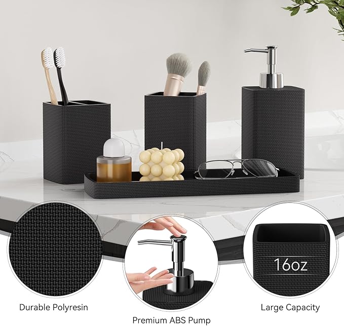 Resin Black Bathroom Sets, Black Bathroom Accessories Set with Shower Curtain, Bath Towel Set, Natural Loofah Sponge, Soap Dispenser, Toothbrush Holder, Bathroom Tumbler and Tray for Countertop - Image 3