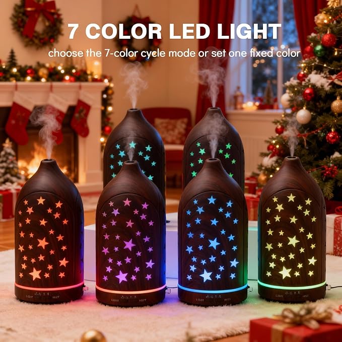 Aromatherapy Diffusers,7.1''x3.5''Diffuser with 3 Essential Oil Set,Small 200ml Office Desk Humidifier with 7 LED Colors Night Lights,Waterless Auto-Off for Home Decor Gift (Star Dark Wood Grain) - Image 3
